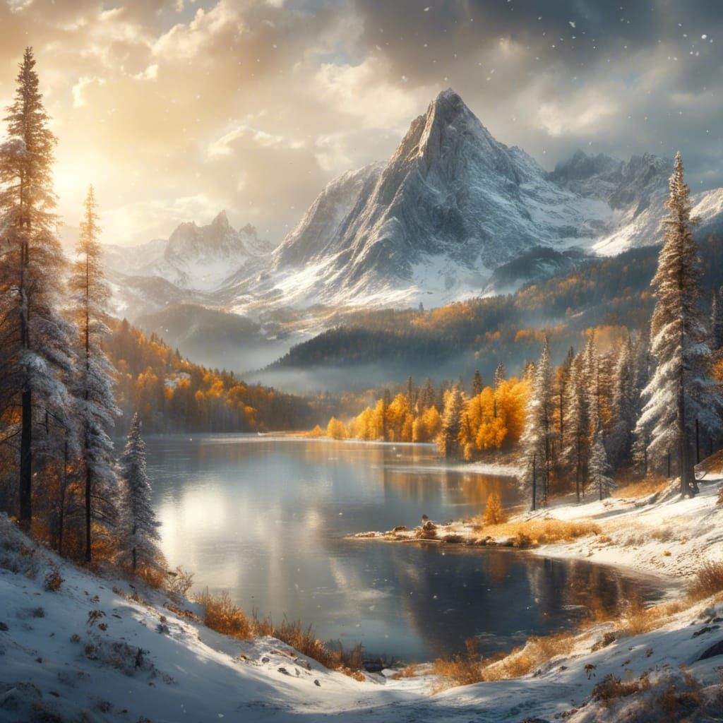 Watercolor Mountain Landscape with Pine Forest