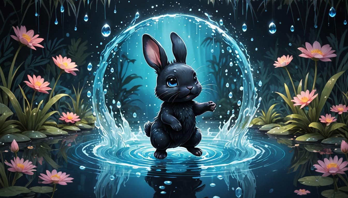 Chibi Black Rabbit in Magical Pond, Miyazaki Style
