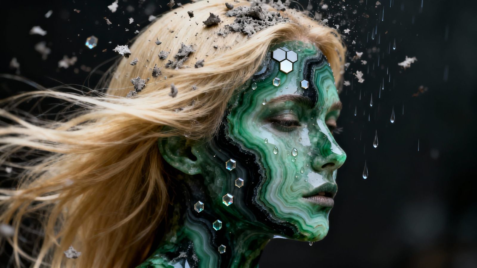 Agate Face with Windblown Hair and Hexagonal Raindrops