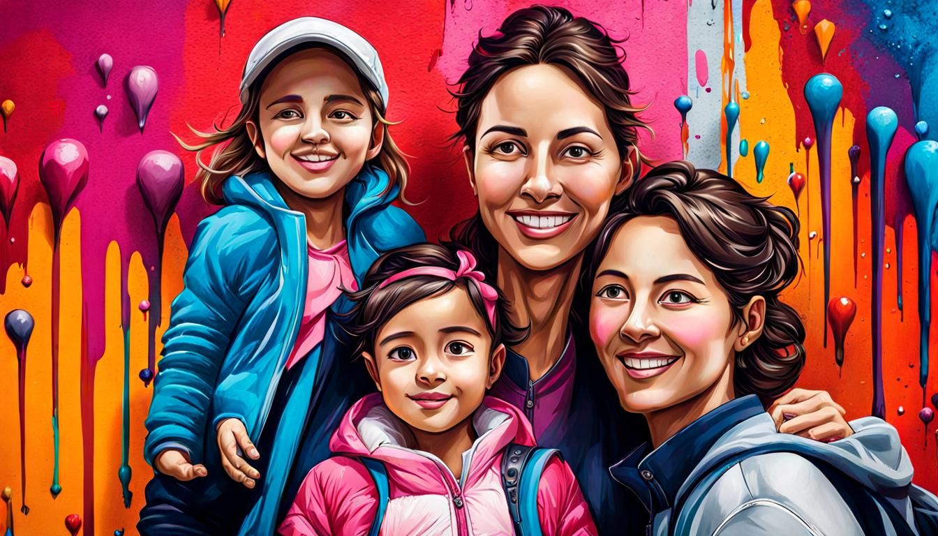 Family Portrait in Starry Wonderland: Gouache Impressionism