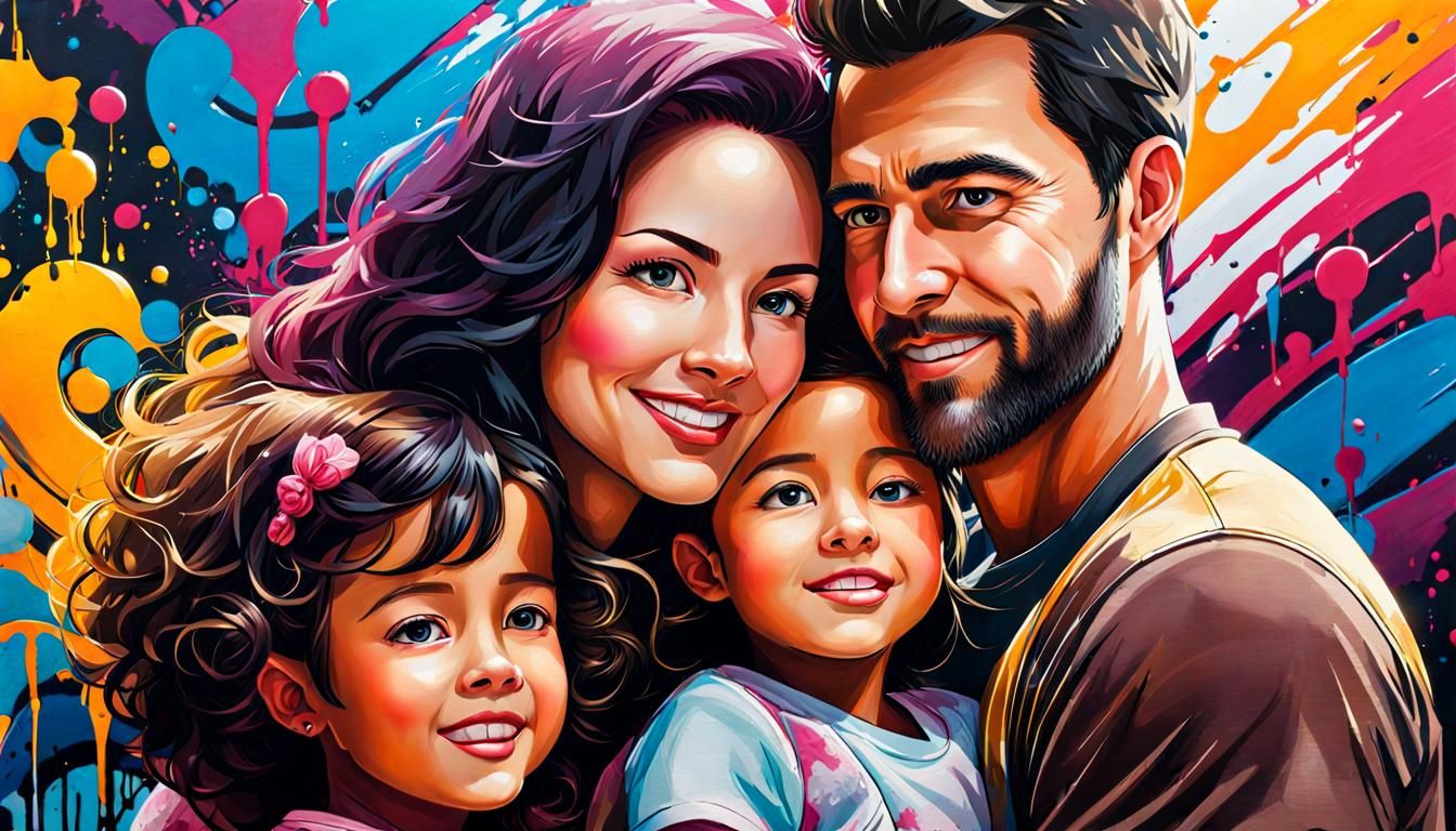 Family in Enchanted Wonderland Gouache Impressionist Portrai...