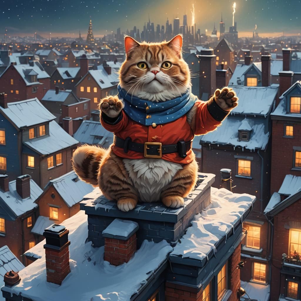 Festive Cat Stuck in Chimney: Digital Matte Painting
