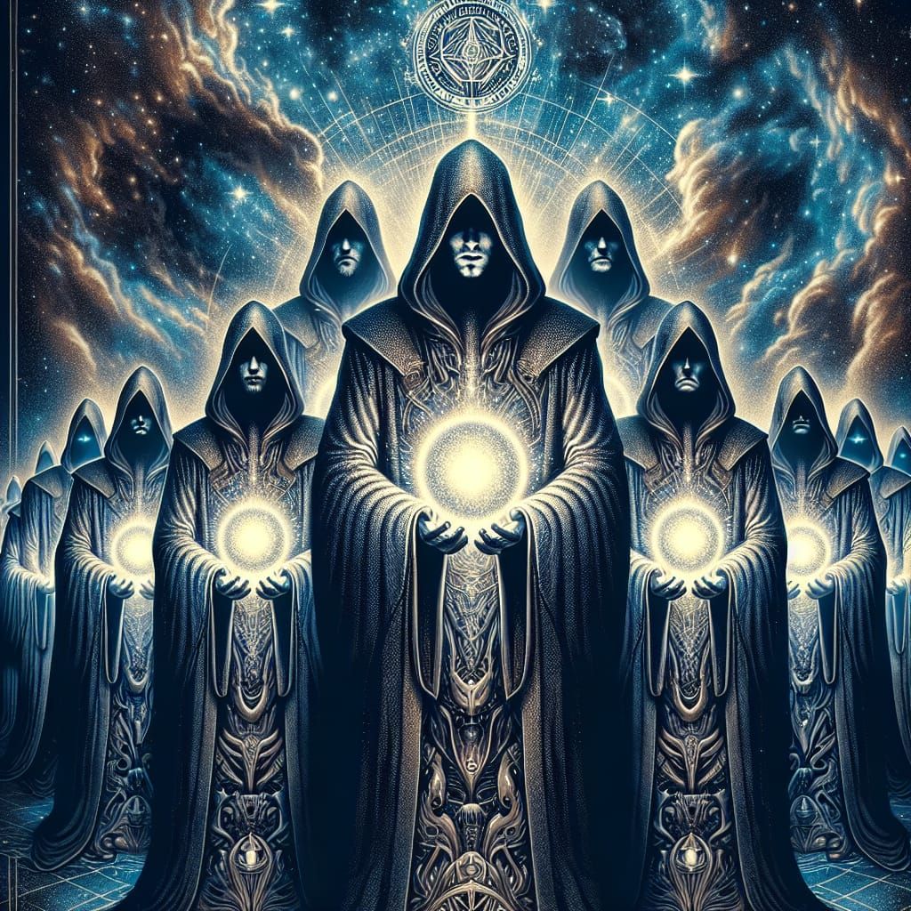 Enigmatic Figures with Luminous Orb in Cosmic Setting