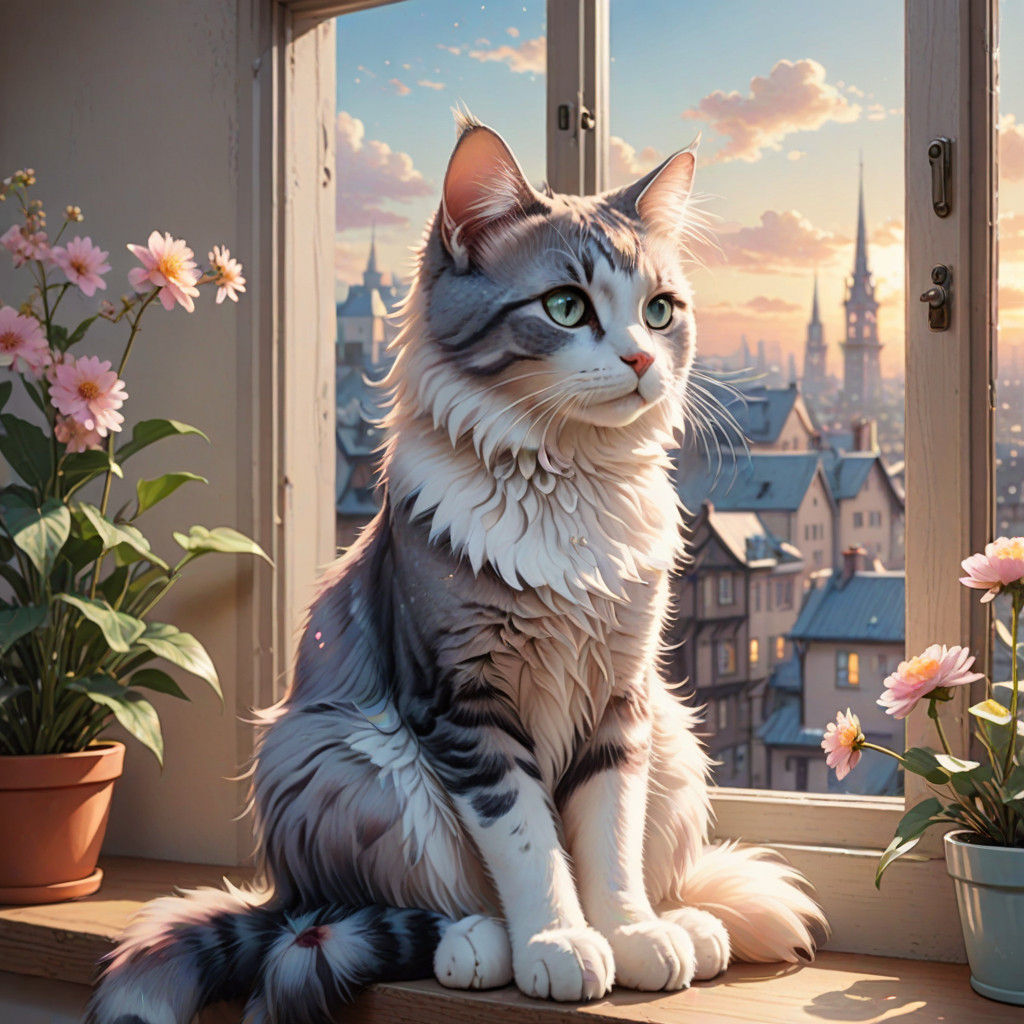 Kawaii Catgirl Basks in Whimsical Watercolor Beauty