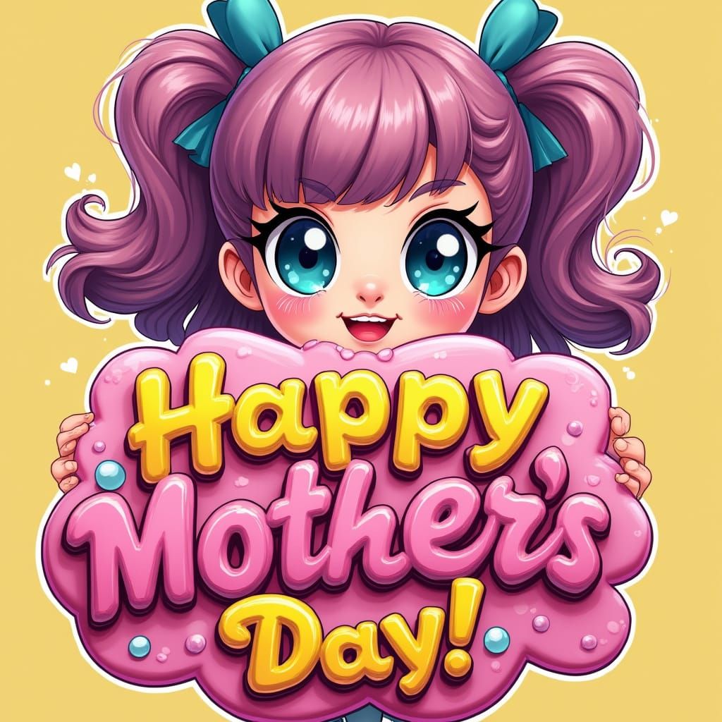 Vibrant Girl Character Holds Colorful Mother's Day Sign