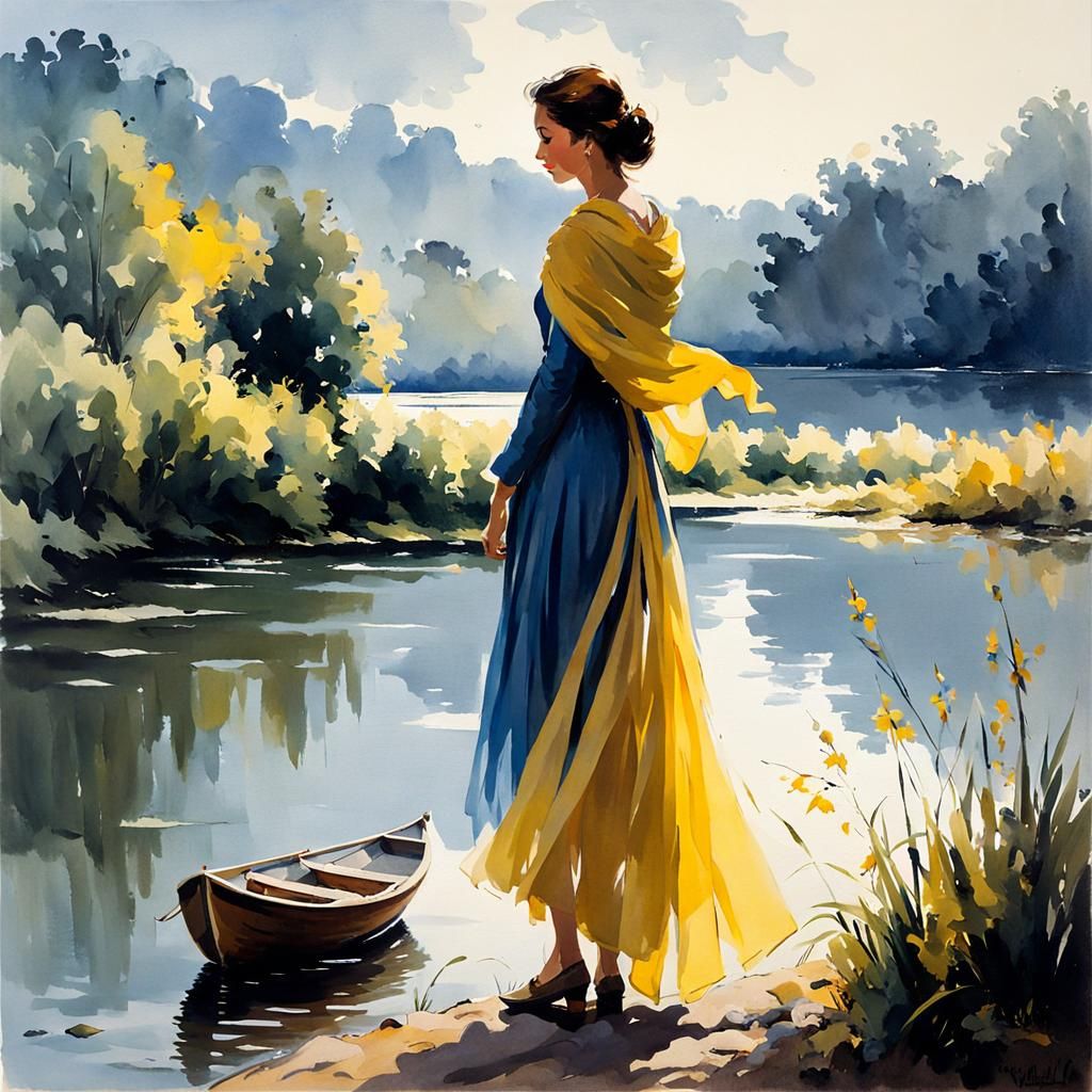 Watercolor Illustration of Woman at Riverbank