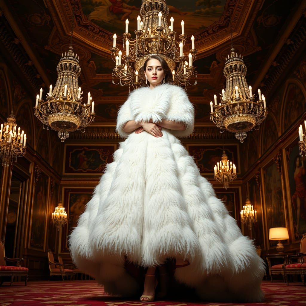 Woman in Fur Gown in Lavish Ballroom, Art Nouveau Style