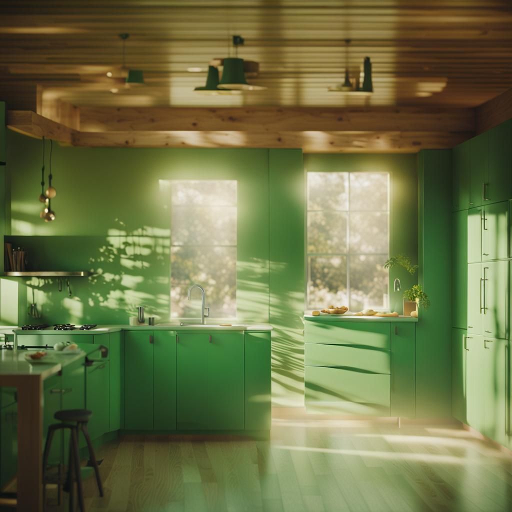 Green Cabinet Enhances Kitchen in Cinematic Style