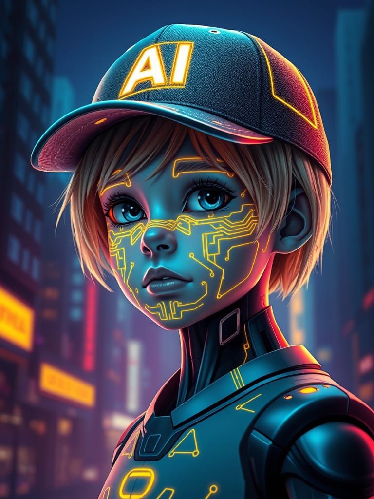 Cyberpunk Robot Boy in Futuristic City