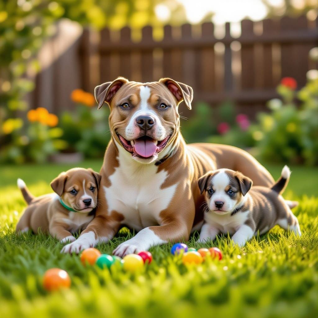 Mother Pitbull Plays With Puppies in Sunny Backyard