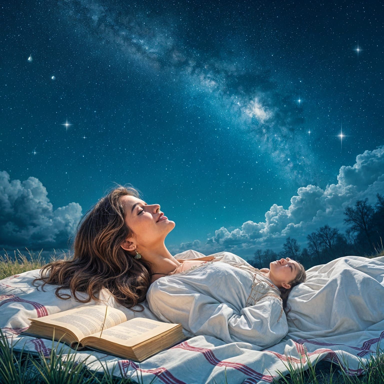Couple Gazing at Stars Writing Their Story Under a Cosmic Bl...
