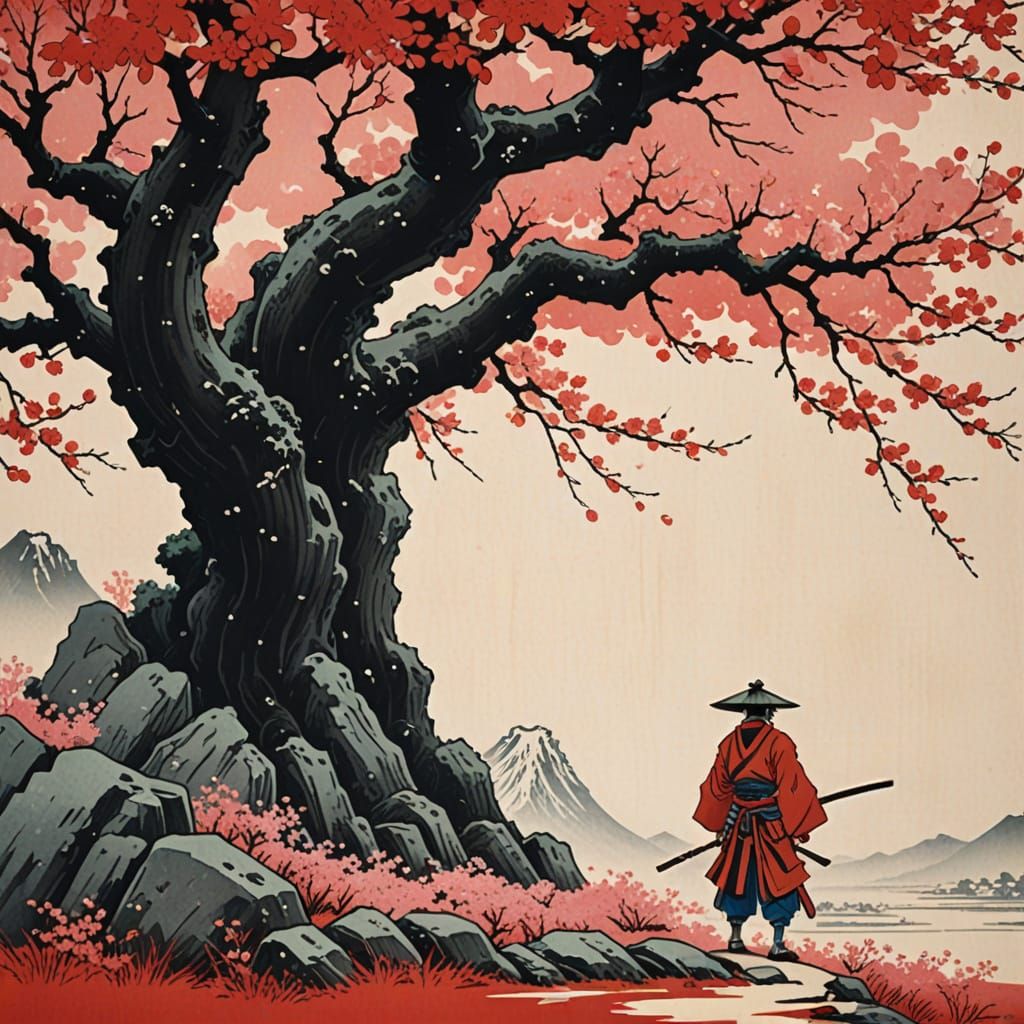 Samurai Before Giant Cherry Blossom Tree in Ukiyo-e Style