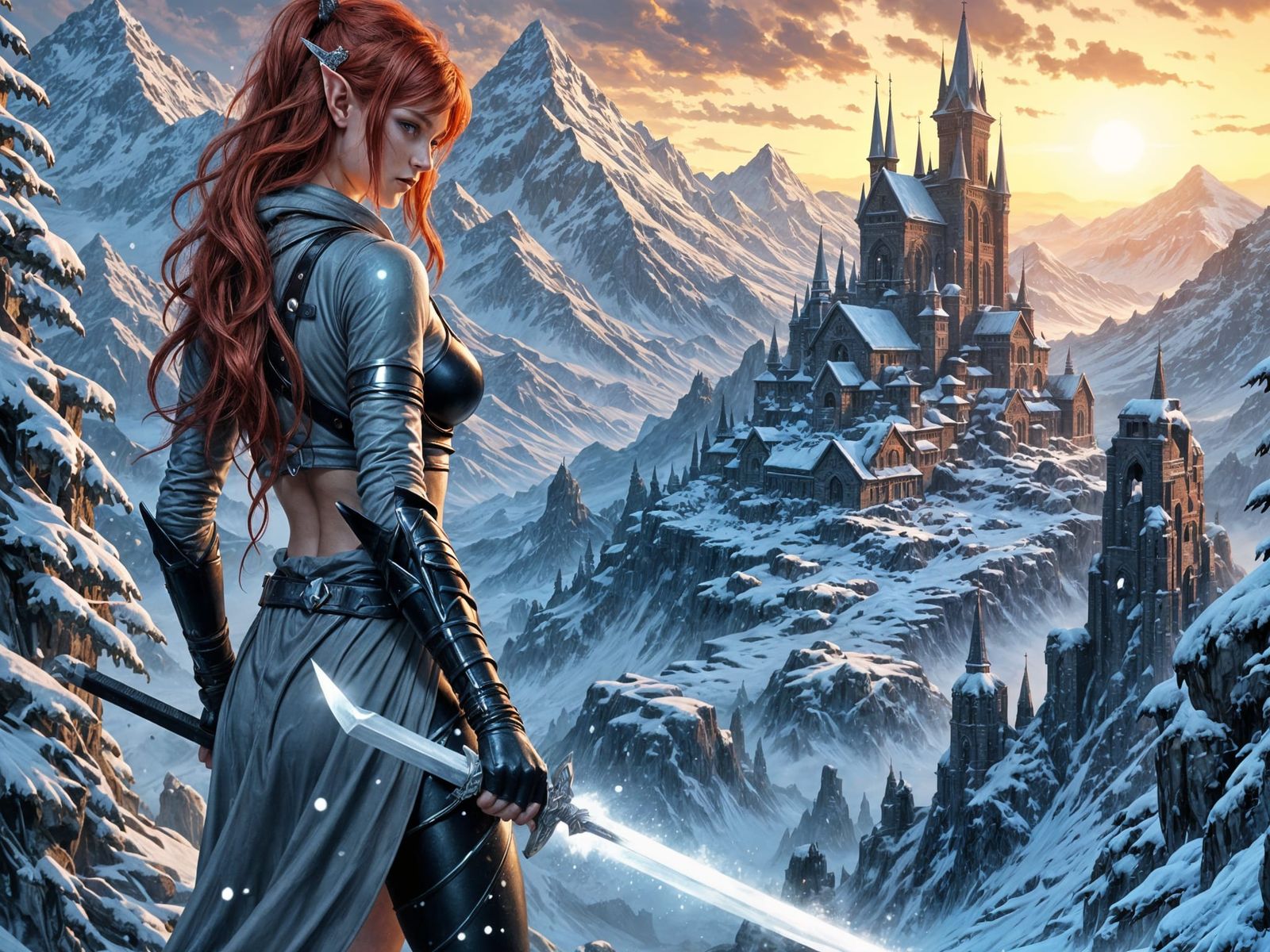 Elf Ninja Warrior Gazing at Ruined City