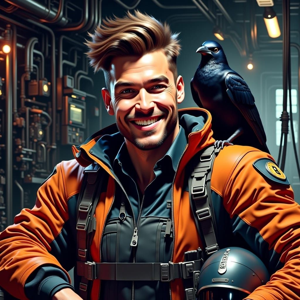 Smiling Artificer in High-Tech Industrial Setting