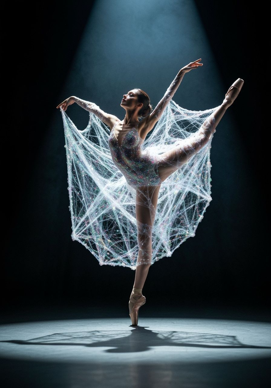 Ballerina in Spider Web Costume Under Spotlight