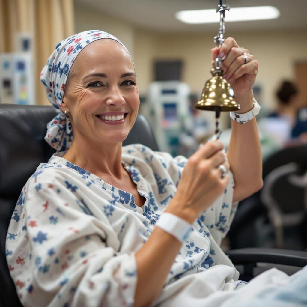 Woman Rings Bell After Chemo, Smiling Victory