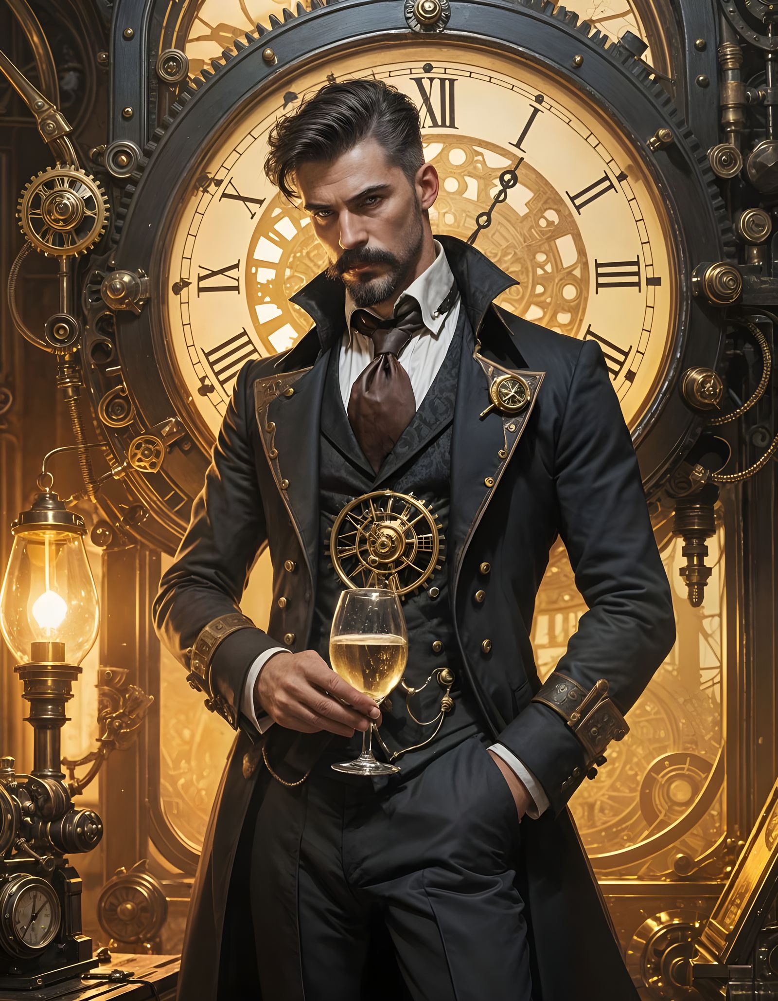 Steampunk Gentleman Raises a Glass at Midnight