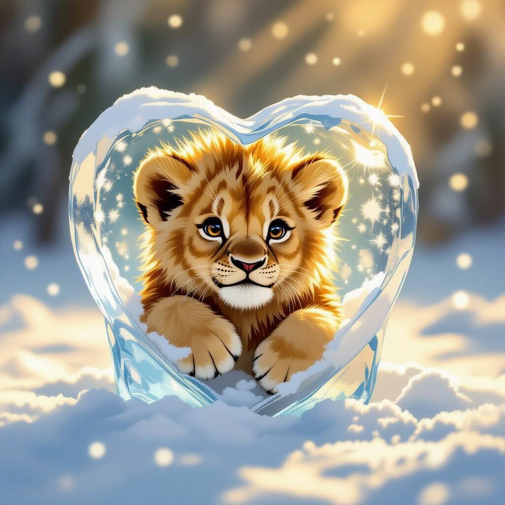 Adorable Lion Cub Peeking From Heart Ice Cube