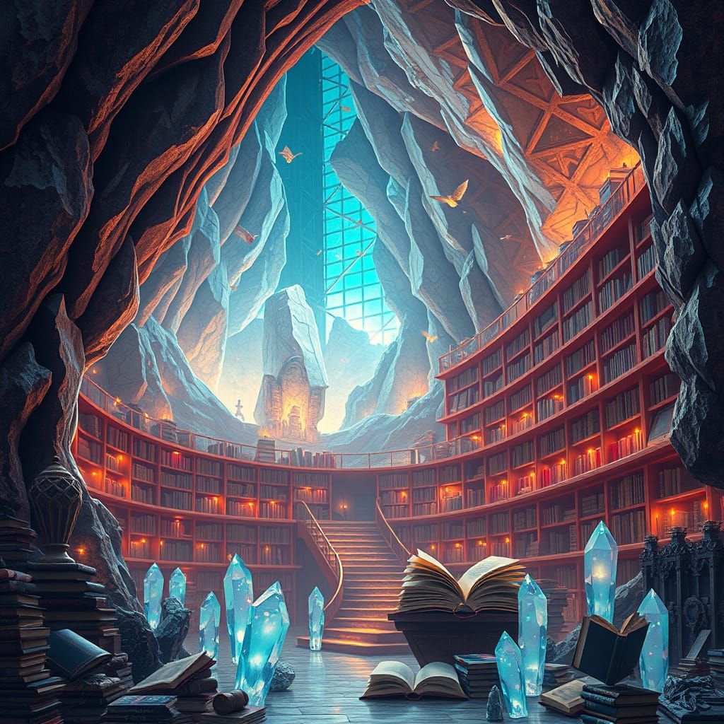Ethereal Crystal Geode Library in Futuristic, Mystic Style