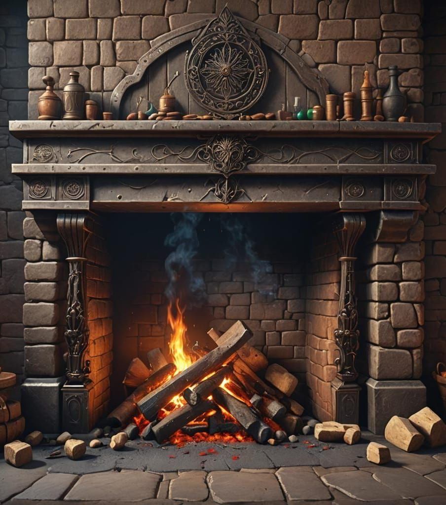Medieval Fireplace with Iron Poker: Detailed Matte Painting