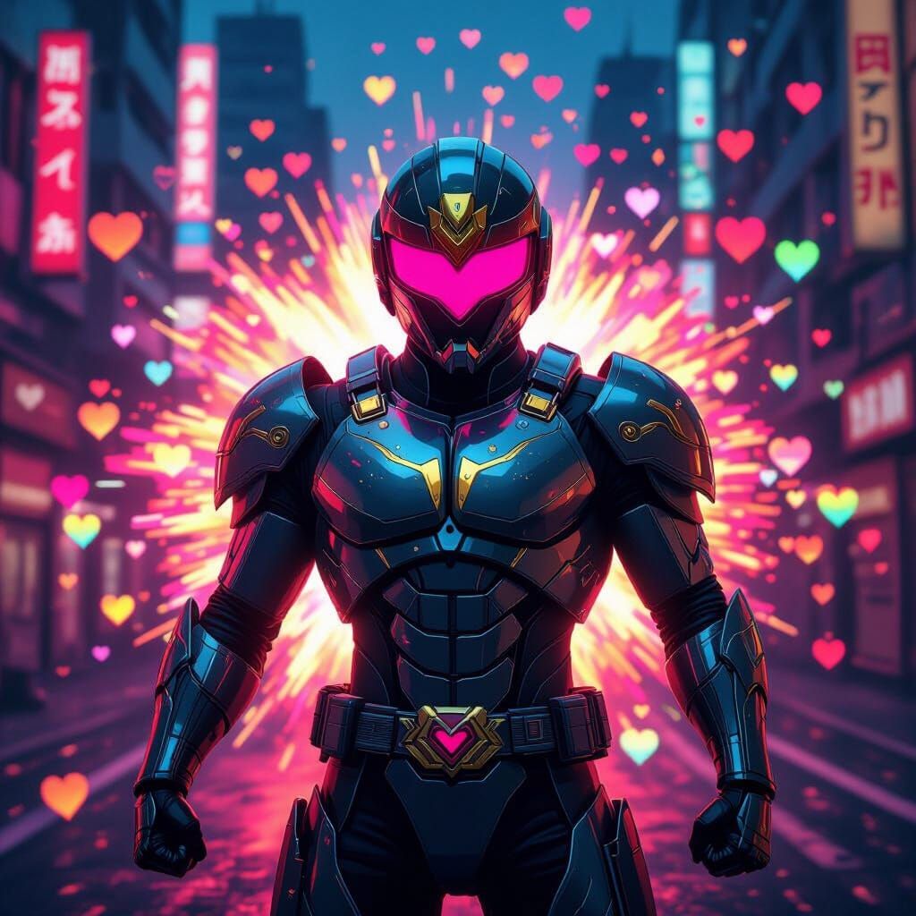 Sentai Hero in Synthwave Tokyo with Hearts