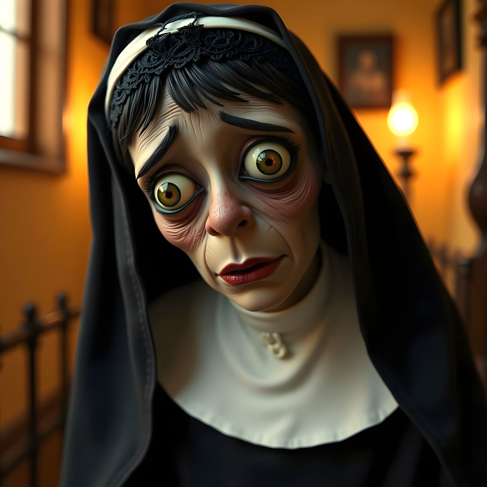 Grief-Stricken Nun in Claymation Style