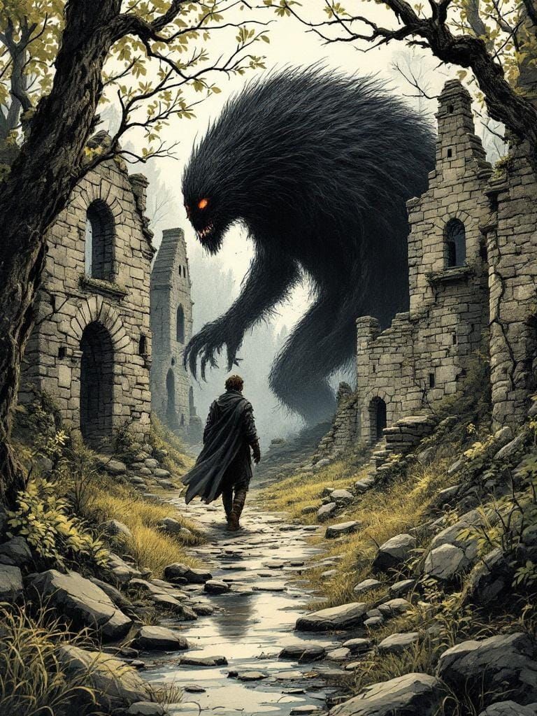 Ominous Shadow Lurks in Ruined Woods: Ink and Watercolor