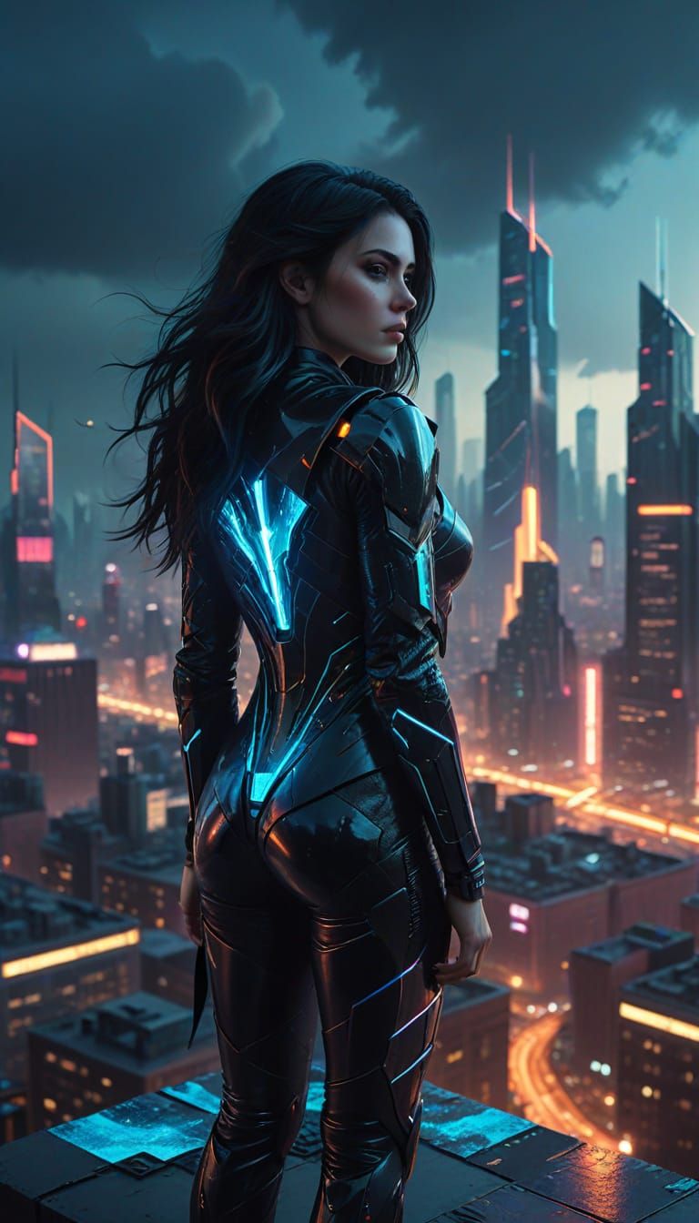 Cyberpunk Woman on Rooftop Overlooking Neon Cityscape