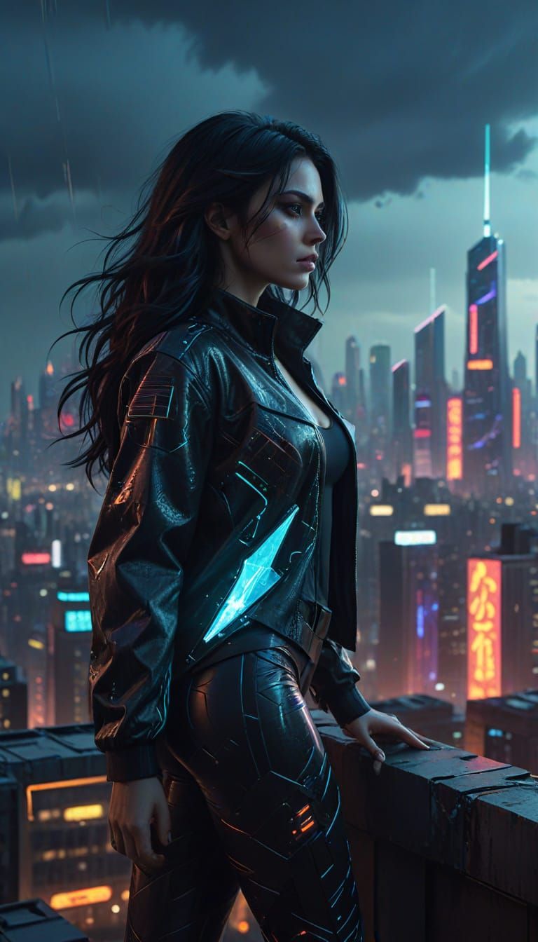 Cyberpunk Woman on Rooftop Overlooking Neon Cityscape