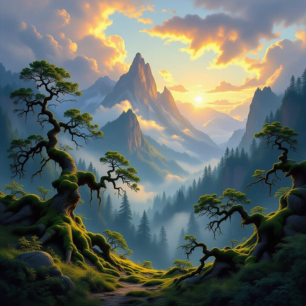 Hyperrealistic Forest and Mountain Landscape in Golden Hour