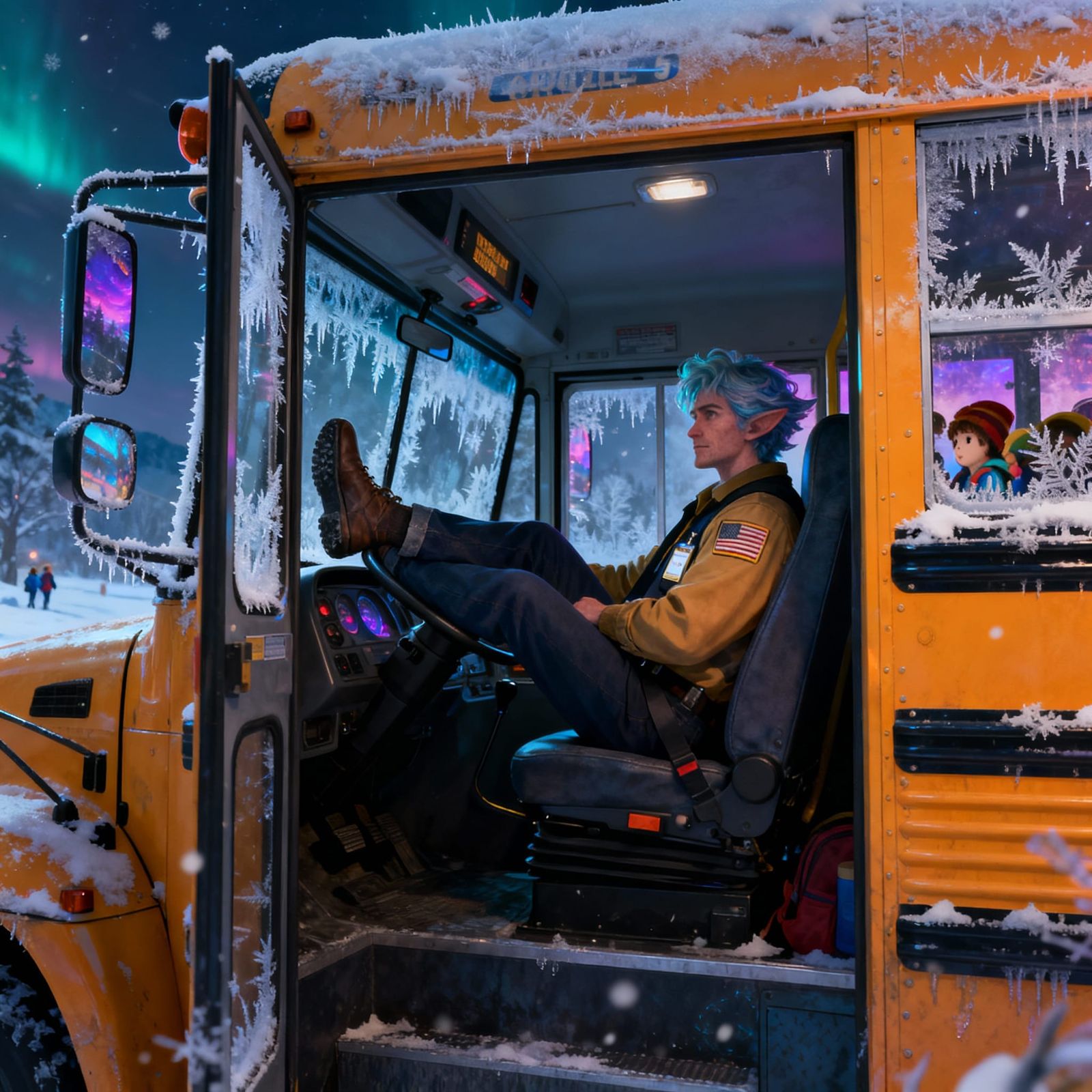 She is a School bus driver. It is cold out side. She is sitting behind the drivers seat with her 2 legs up on the back o...