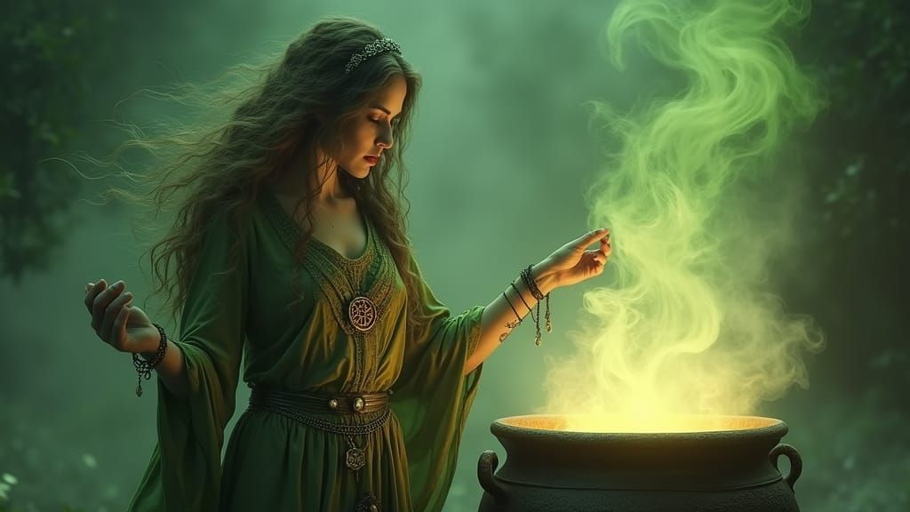 Ancient Druidess Weaves Mystical Spells Amidst Emerald Glow