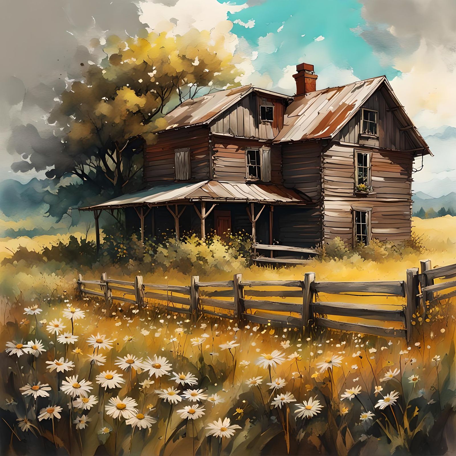 Weathered Farmhouse with Daisies: Retro Watercolor Art