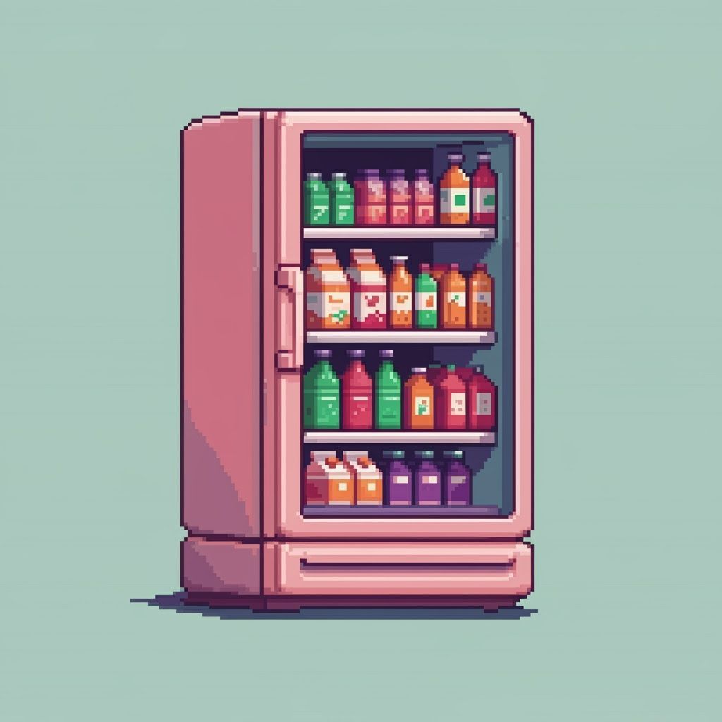 Vibrant Pixel Art Refrigerator with Colorful Juices