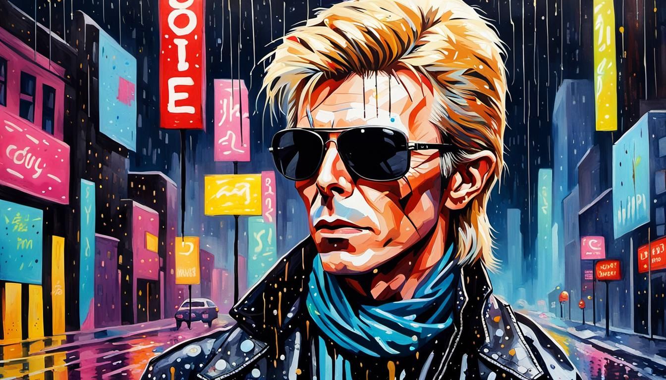 David Bowie Portrait in Rainy Cyberpunk City, Pop Art