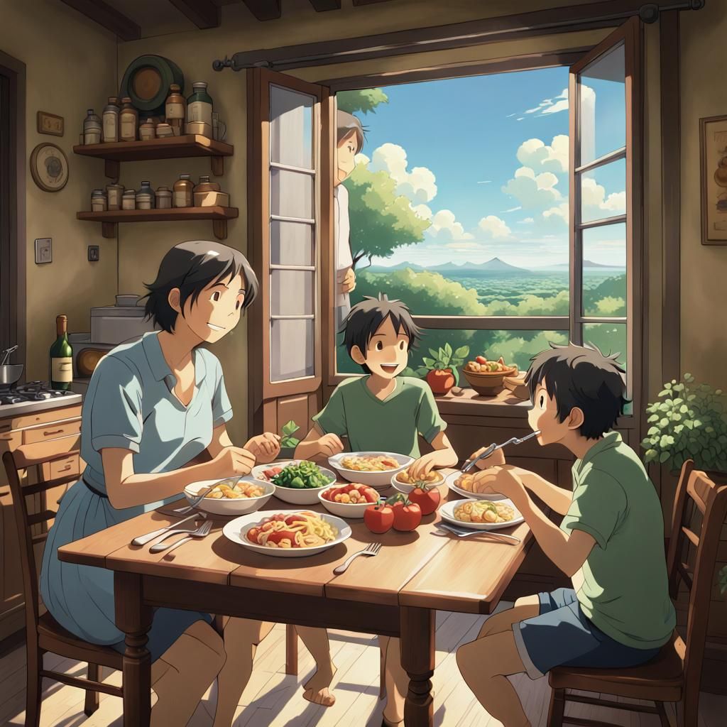 Family Meal in Ghibli Style, Sunny Day
