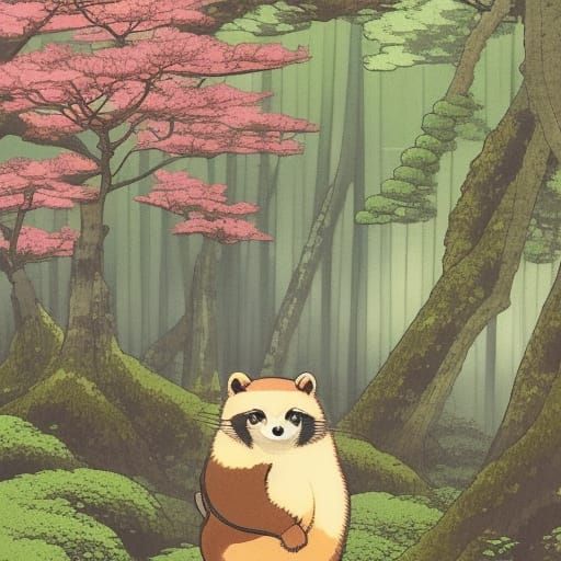 Tanuki in Forest: Vintage Japanese Anime Art