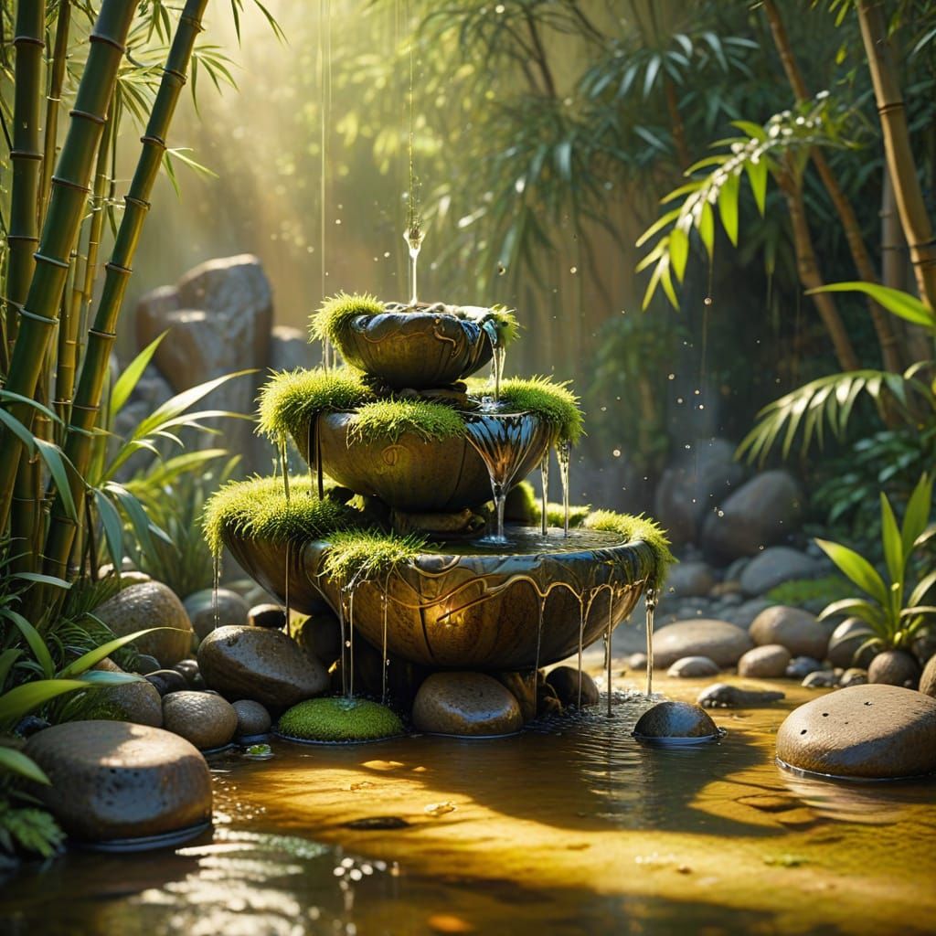 Zen Garden Bamboo Fountain in Oil Painting Style