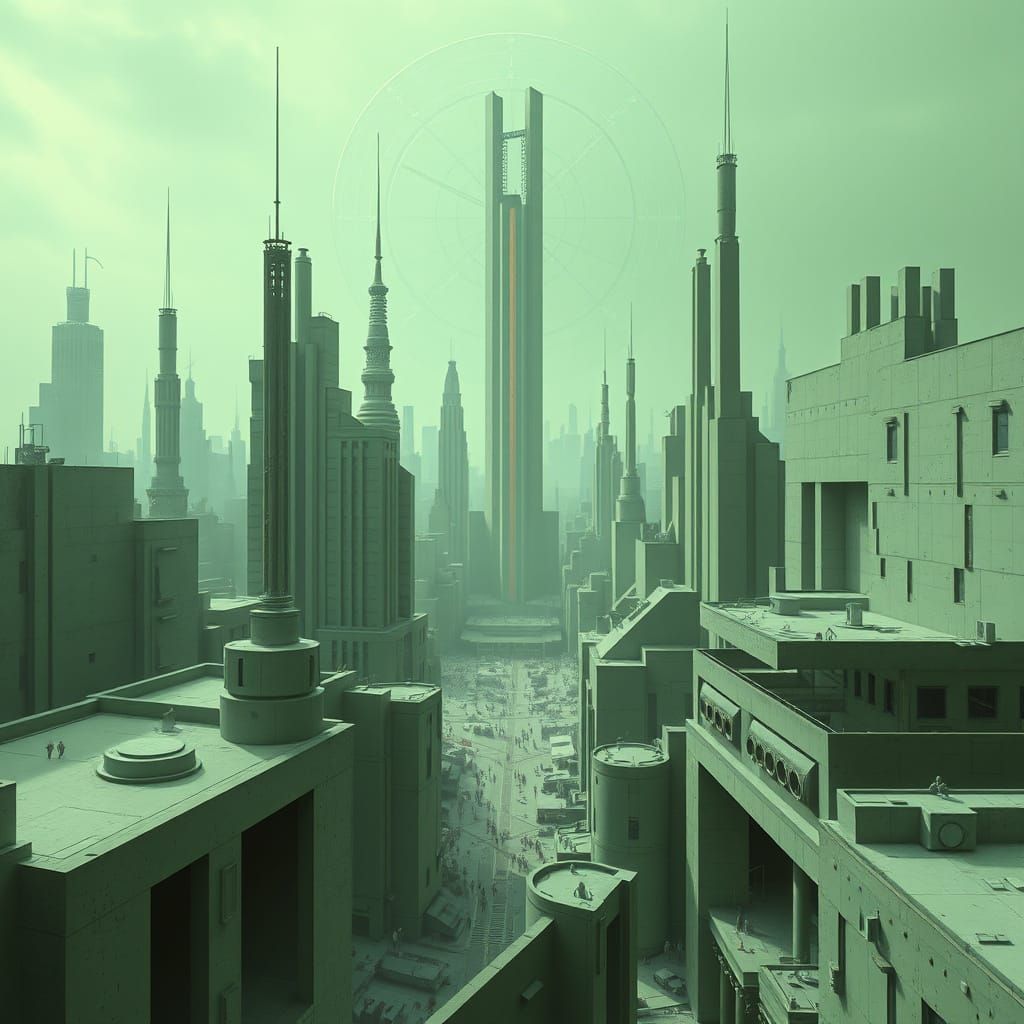 Brutalist Dreamscape in Sage Green Hues, Inspired by Occulto...