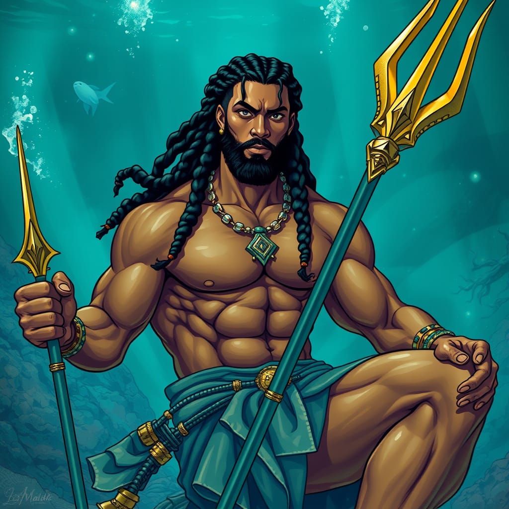 Poseidon as Merman in Ornate Art Nouveau Style