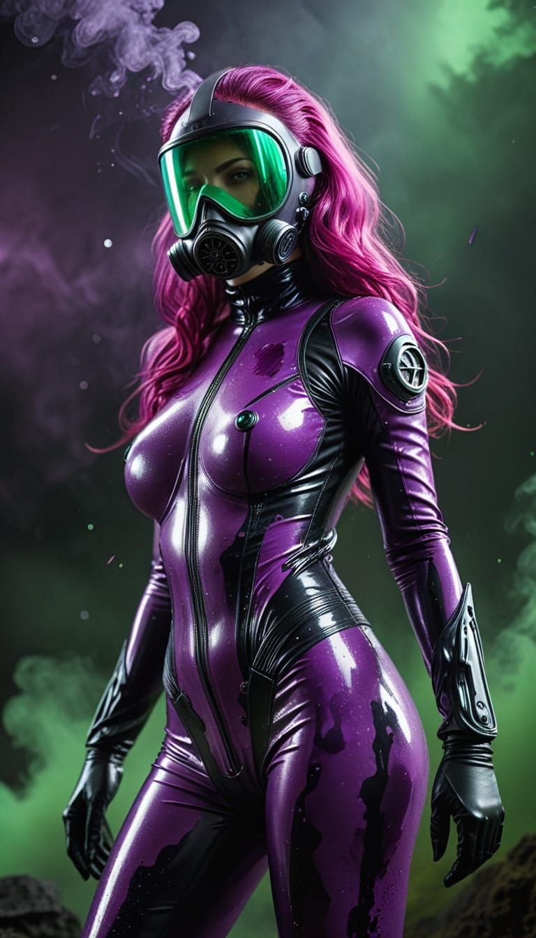 Retro Futuristic Woman in Glossy Latex Catsuit