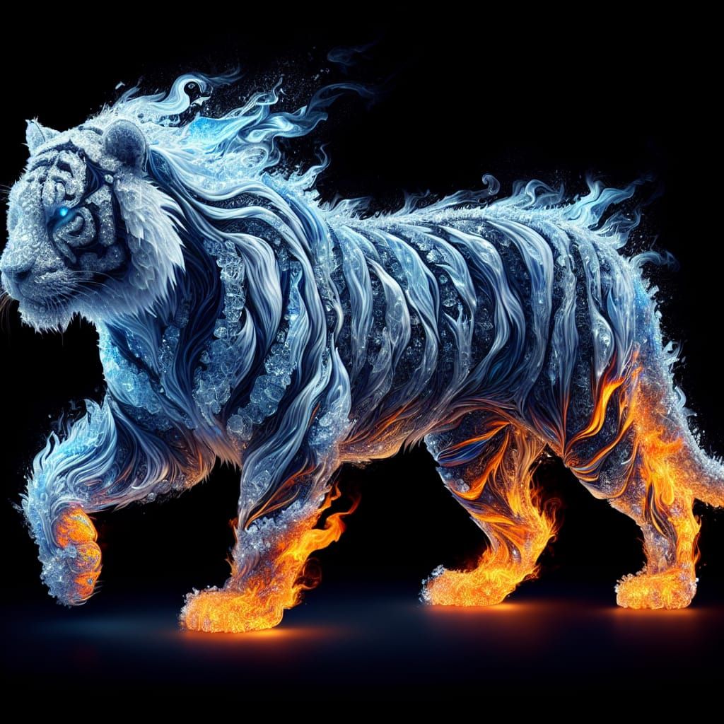 Mythical Tiger Composed of Ice and Fire in the Darkness