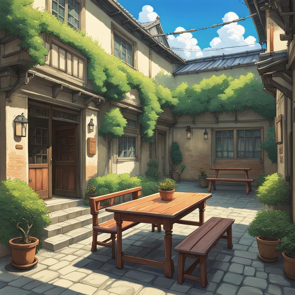 Anime Courtyard Painting in Ghibli Style