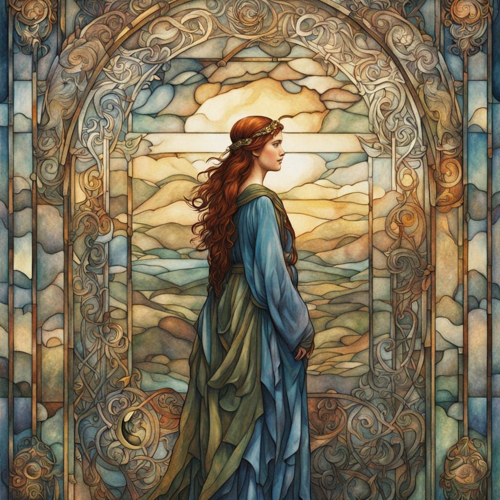 Dreamy Celtic Warriors in Whimsical Watercolor Stained Glass