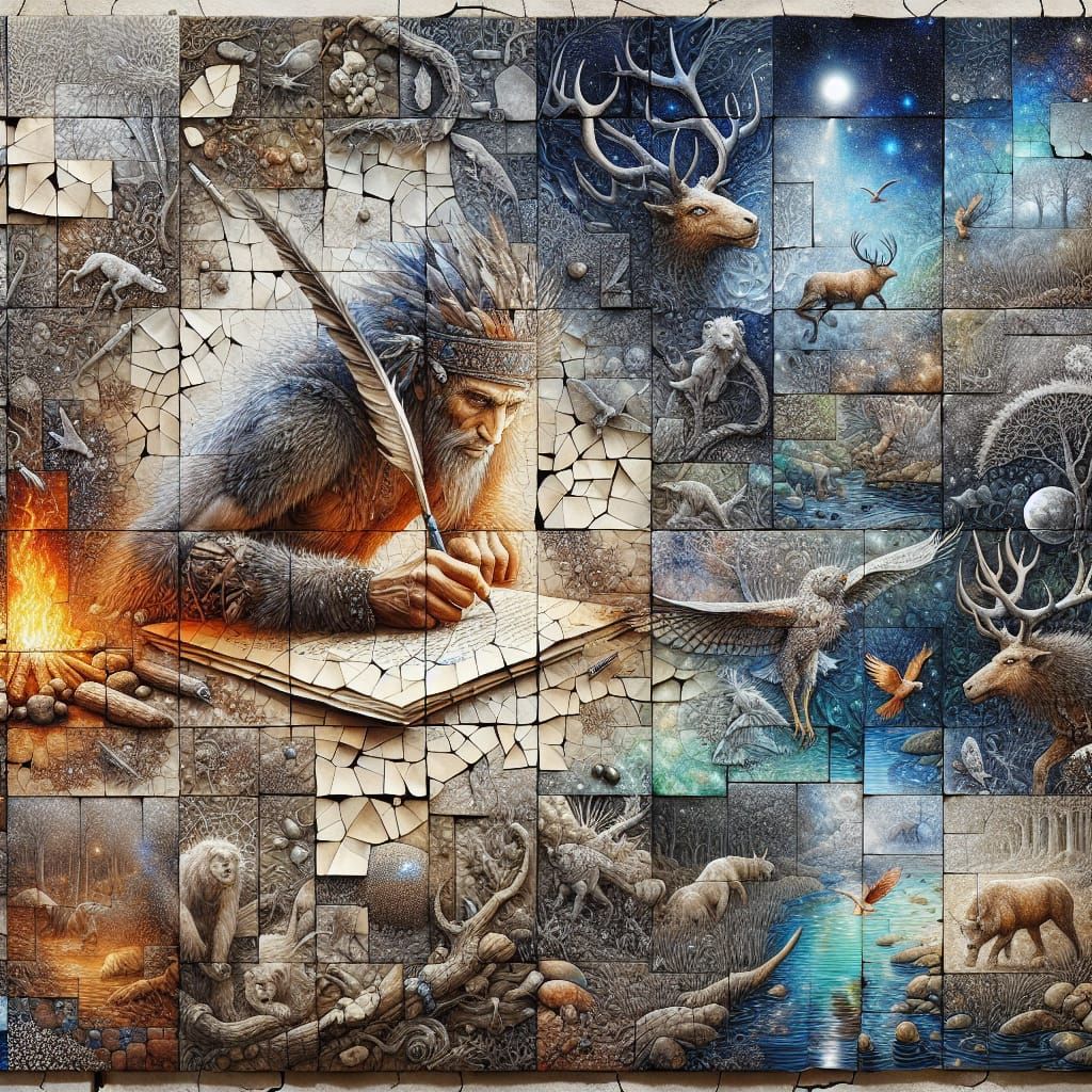 Mixed media collage, prehistoric mail art,picture divided in...