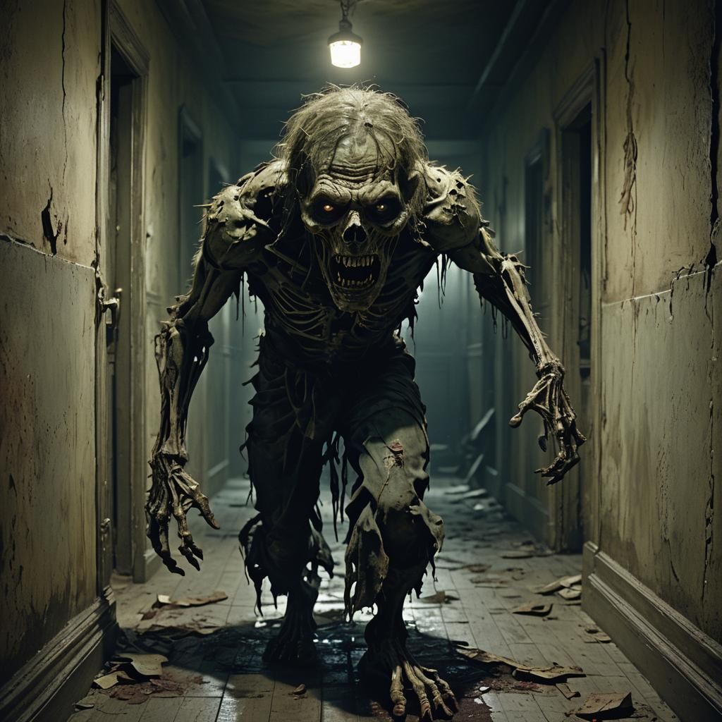 Grotesque Zombie in Dark Fantasy Horror Hallway