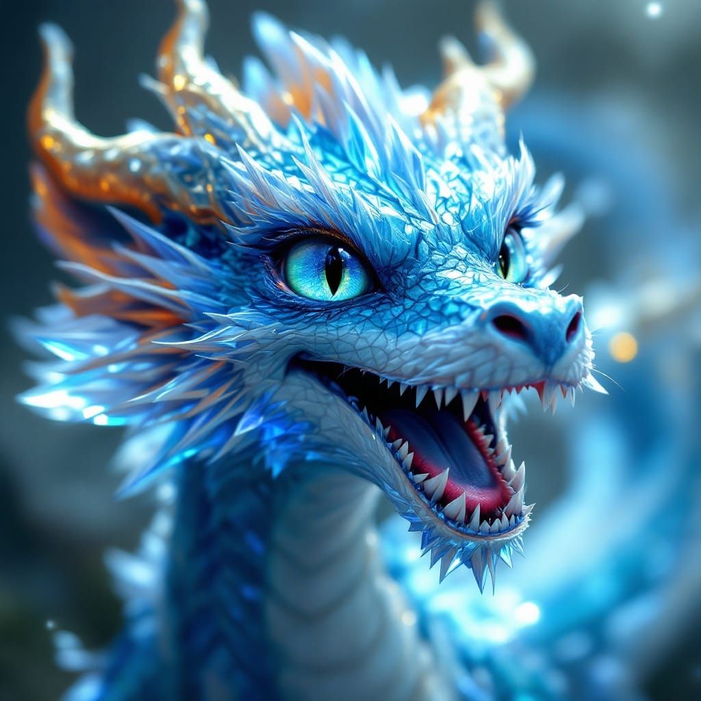 Luminescent Blue Crystal Dragon Roaring in Anime Style
