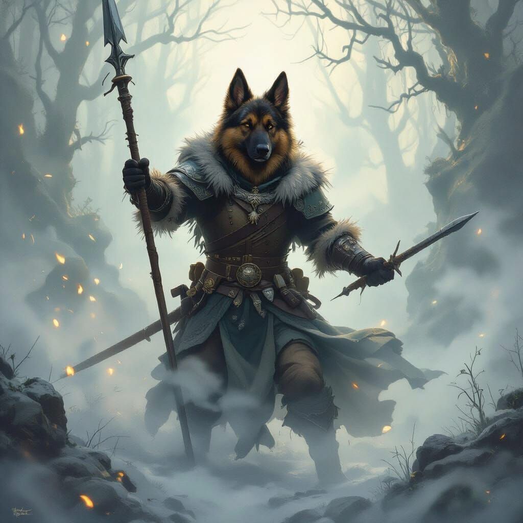 German Shepherd Dogman Warrior with Pike in Ethereal Mist
