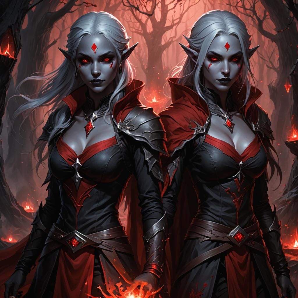 Twin Drow Blood Sorceresses in Dark Fantasy Style