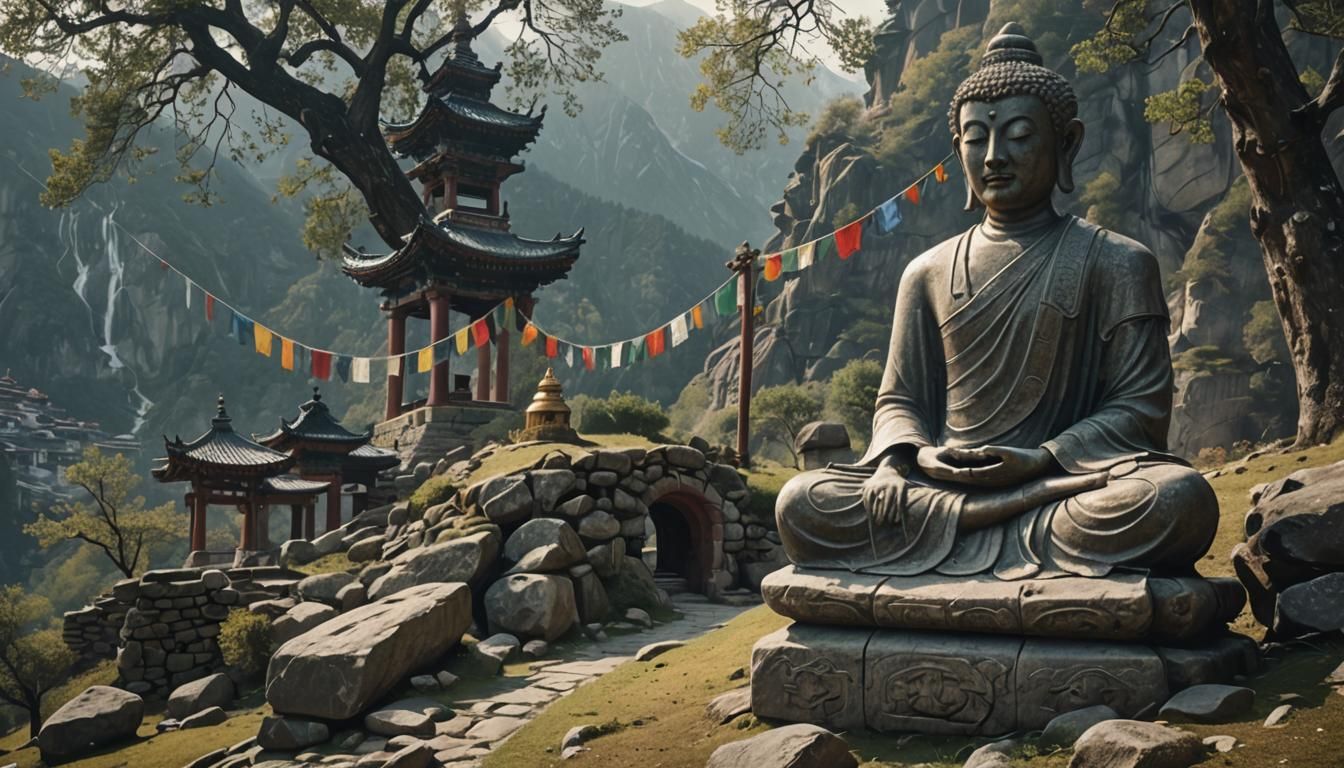Monk at Mountain Monastery Archway in Photorealistic Style